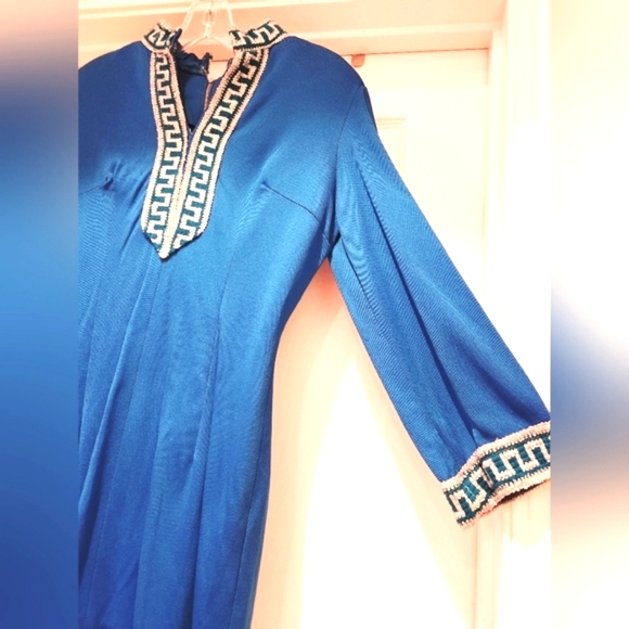 70s Twiggy MOD Zip Hi Neck Sparkly Greek Key Trim Star Trek Vin Mini Dress OO - Picture 6 of 16